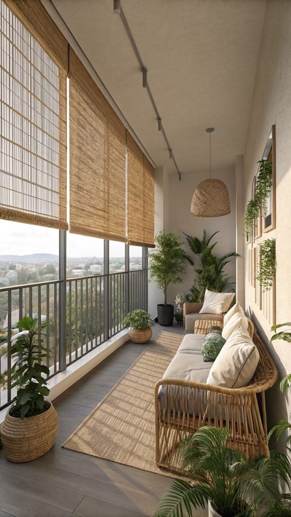 Balcony seating with bamboo blinds and potted plants