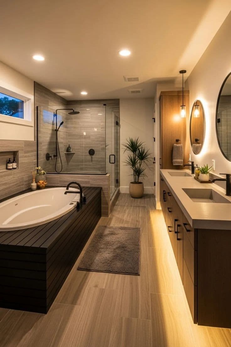 Bathroom with a freestanding tub, wood-look floor and round mirror