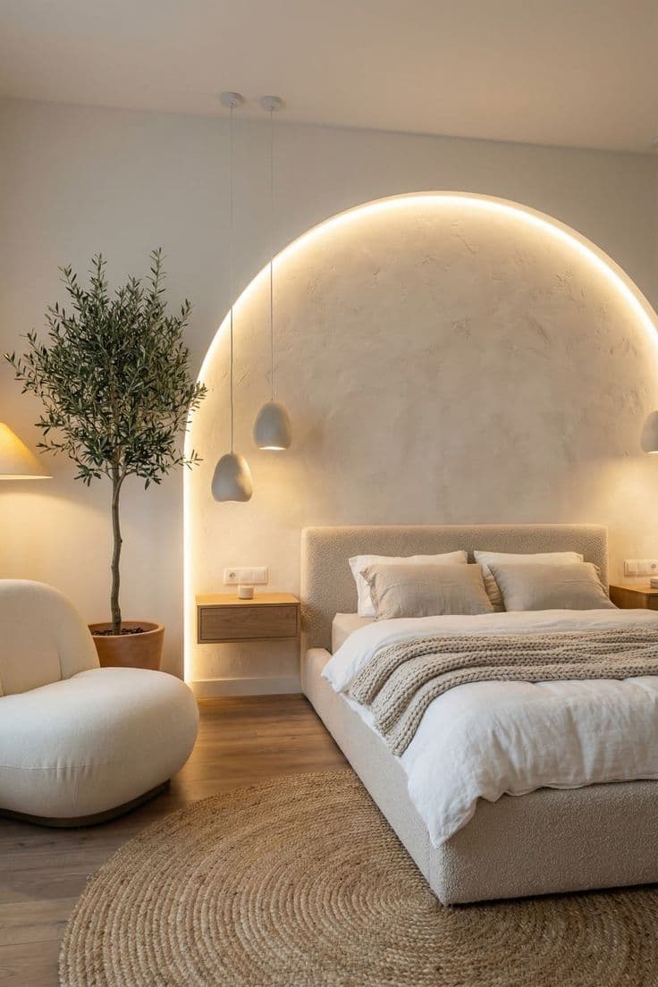 Bedroom with a backlit arched headboard wall and a round jute rug