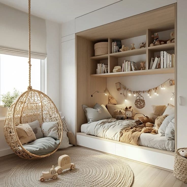 Kids room with a bed nook, built-in shelves and a hanging cane chair