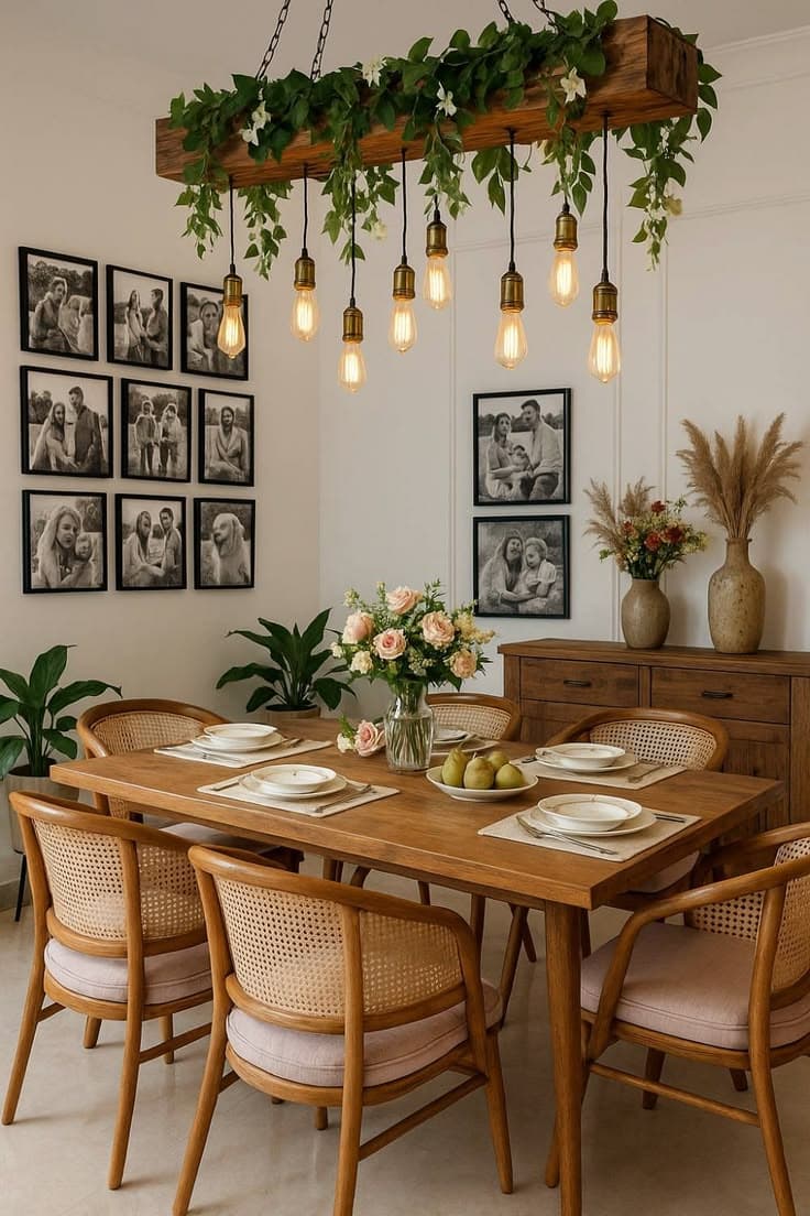 Wooden dining table with cane chairs under hanging planters