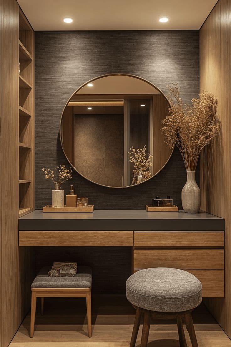 Wooden dressing unit with a round mirror and a small stool