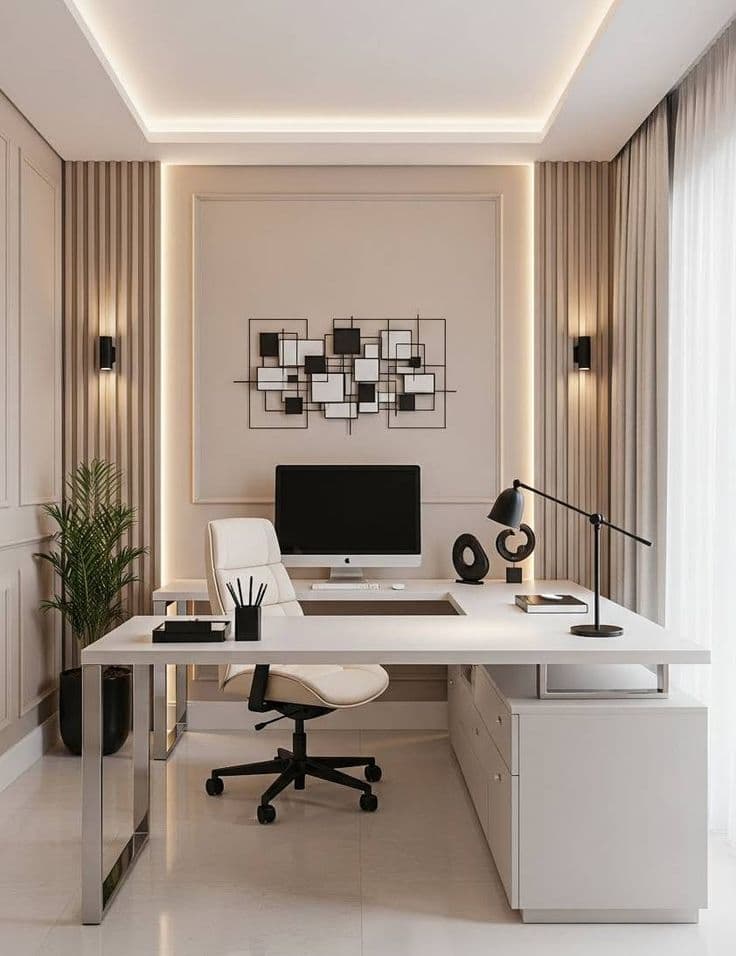 White home office desk against a panelled wall with sconces