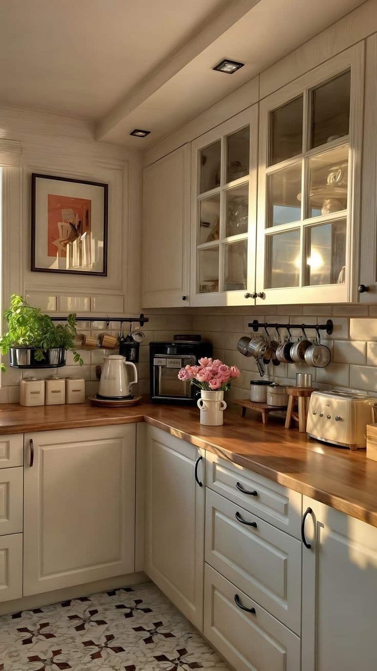 Cream kitchen with glass-front upper cabinets and a wooden counter
