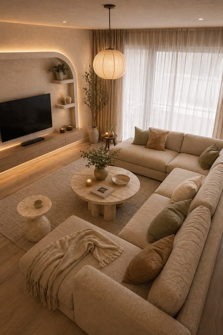 Living room with a curved ceiling, beige sectional sofa and warm cove lighting