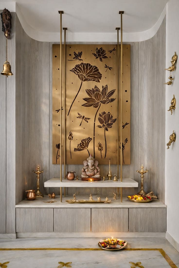 Pooja niche with a gold lotus panel and a floating marble shelf