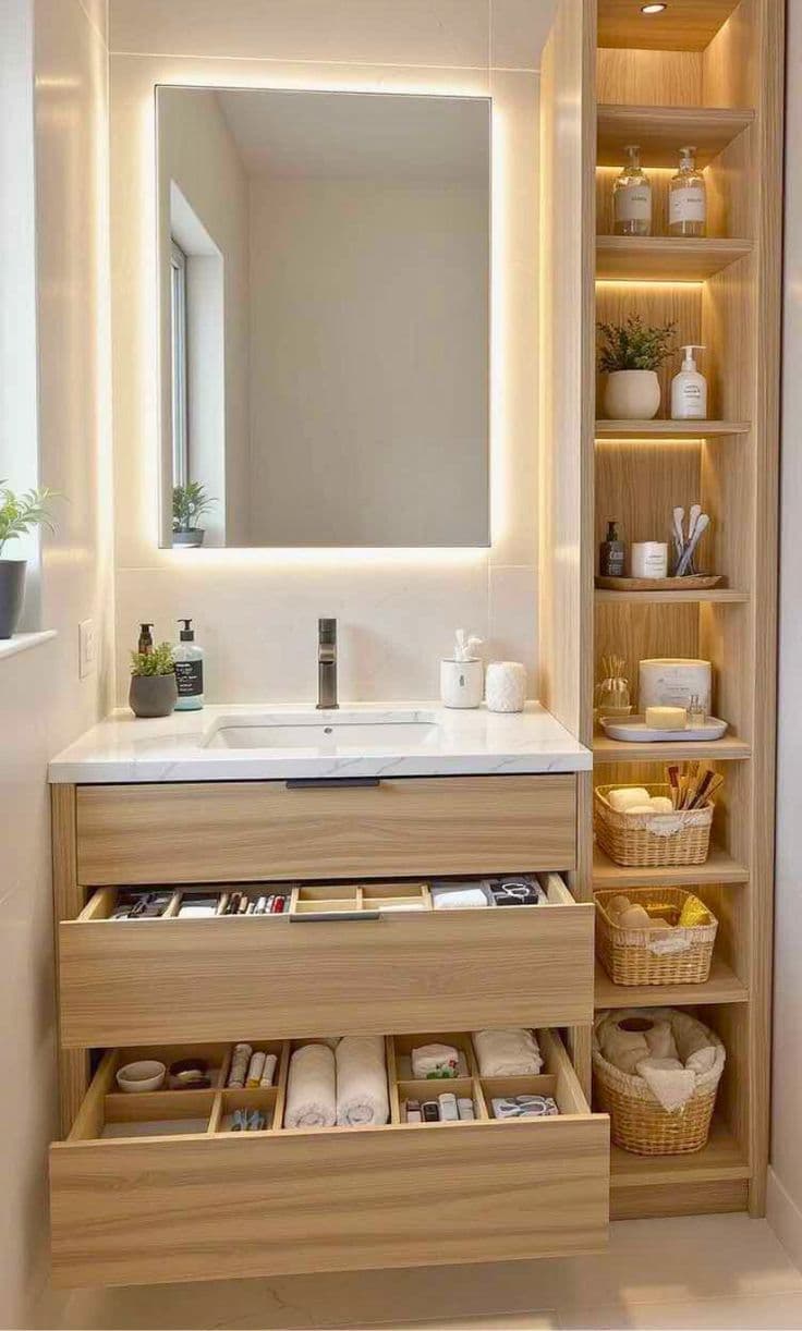 Vanity with pull-out drawers and backlit open shelving